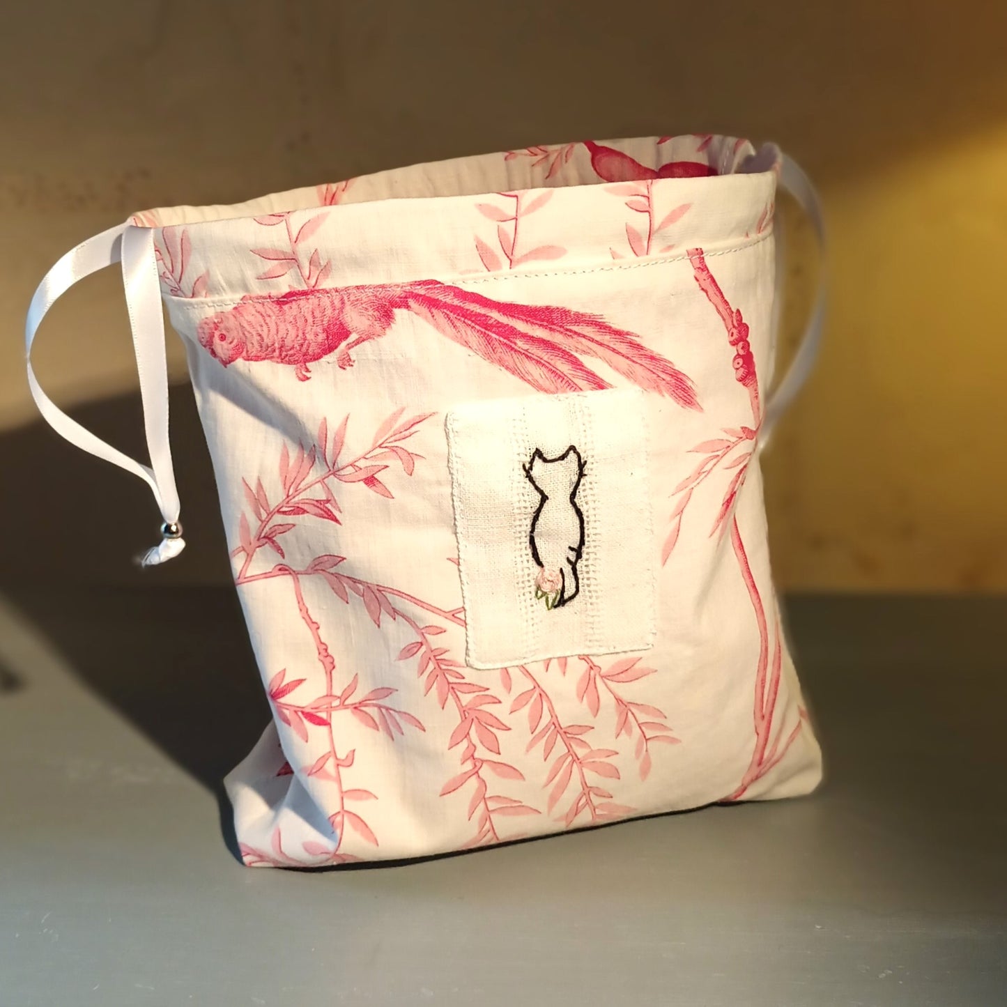 Pochon tissu toile de Jouy rose