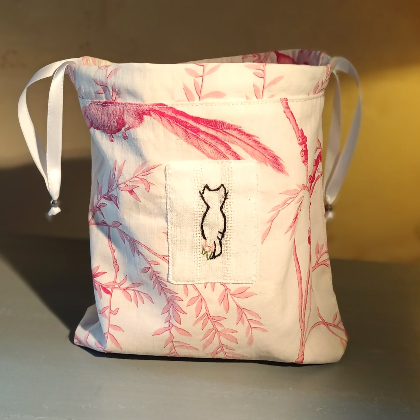 Pochon tissu toile de Jouy rose